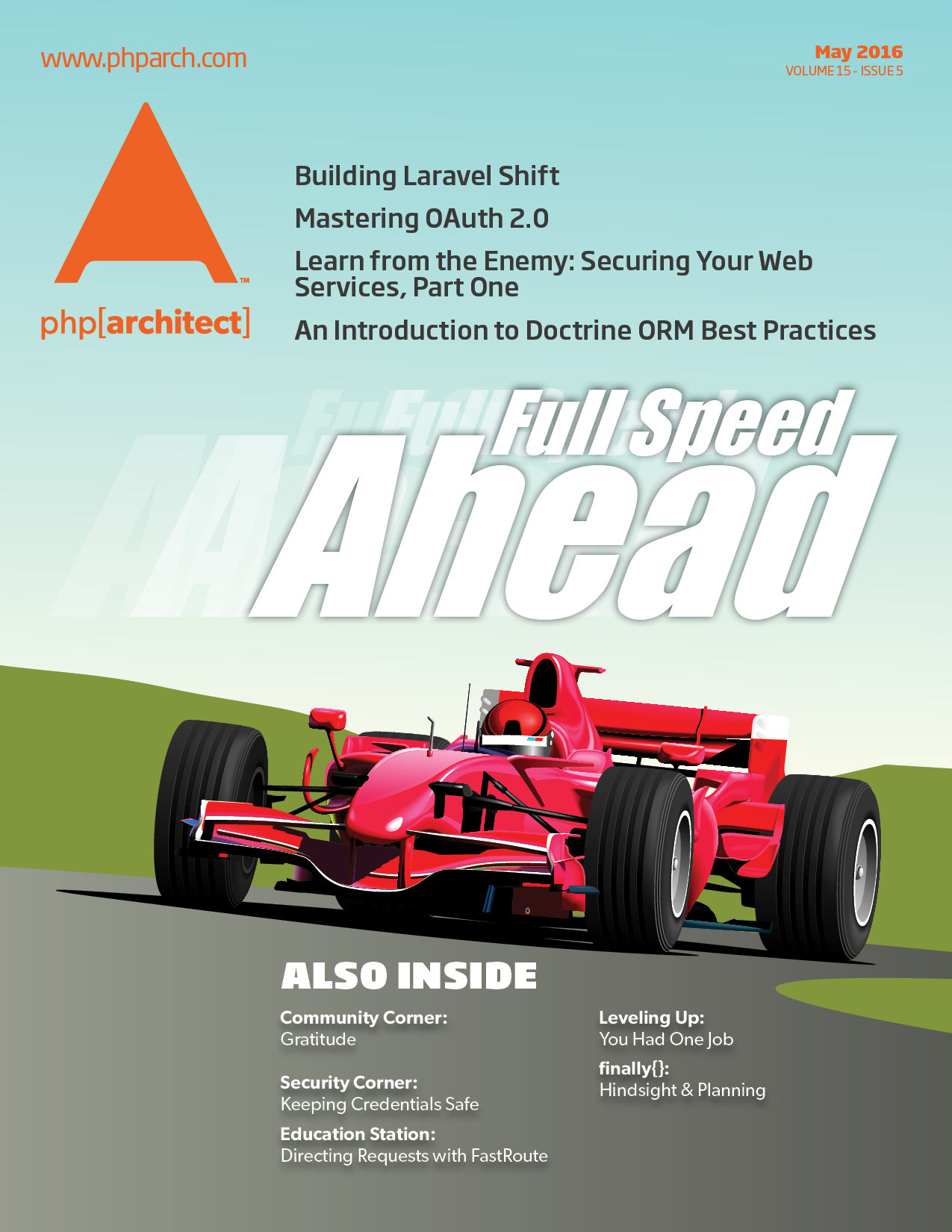 Full Speed Ahead magazine cover featuring an F1 racing car