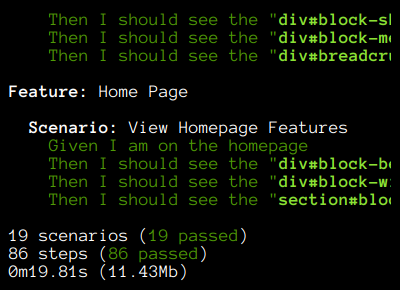 Screenshot of Behat tests results