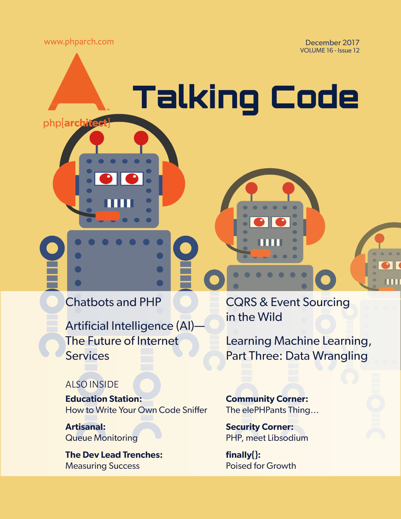 php[architect] cover for December 2017 showing three robots with headsets