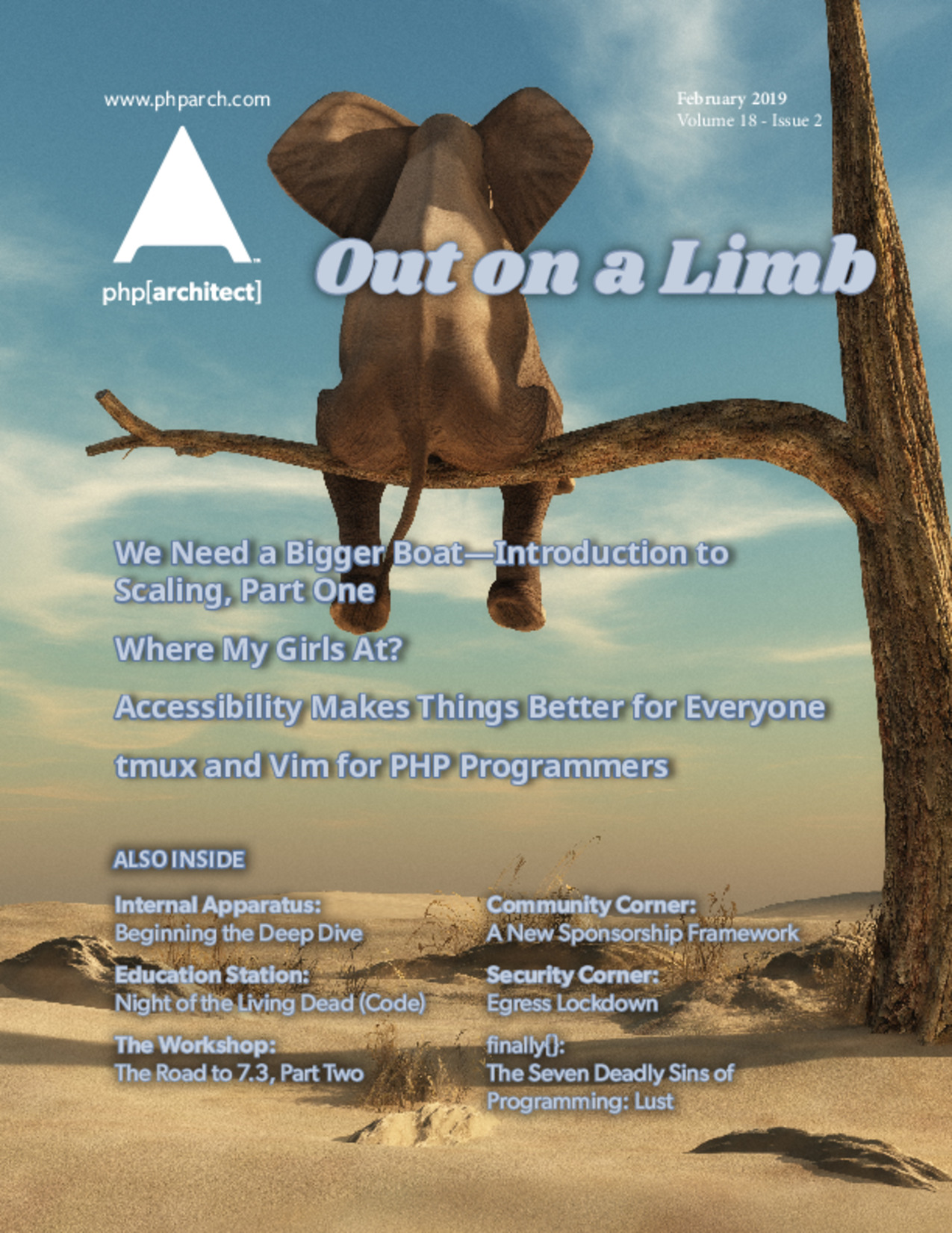 Magazine cover out on a limb showing an elephant sitting on a tree limb