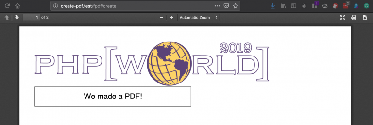 Generated PDF file with the image of the php[world] 2019 logo on the first page.