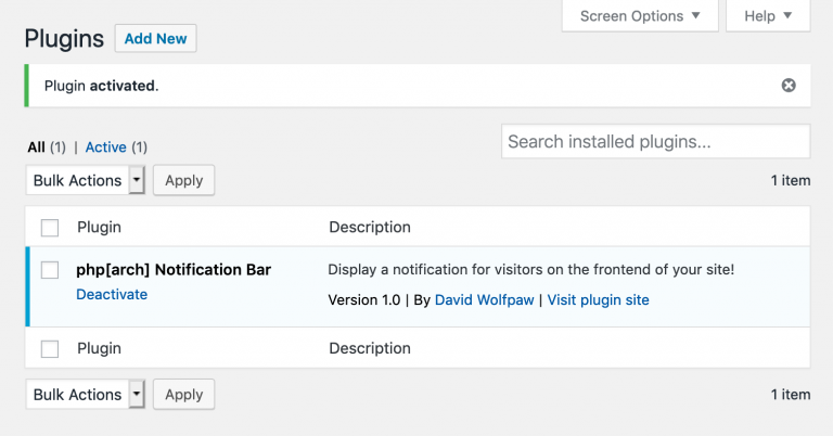 Screenshot showing our activated plugin