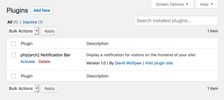 Screenshot of the WordPress plusgin list showing our inactive plugin