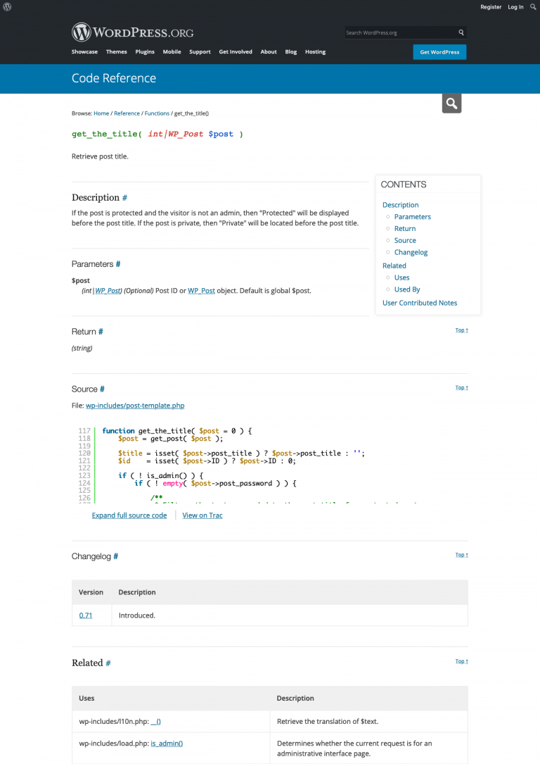 Scheenshot of the get_the_title function documentation from the WordPress Codex