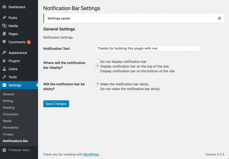 The settings form for our plugin in the WordPress admin