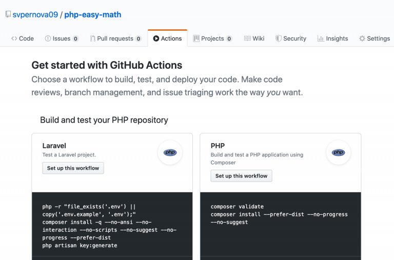 Screenshot of github actions set up options.