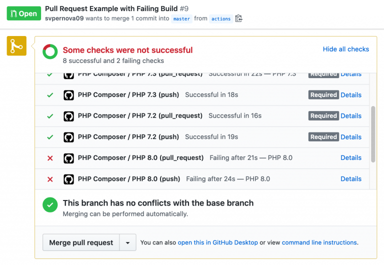 Scheenshot showing two failed build tests.