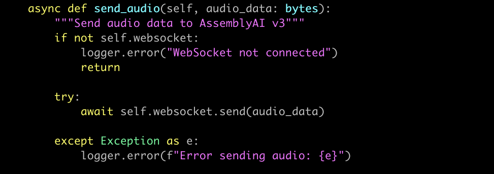 Text snippet showing how to send audio to Assembly AI